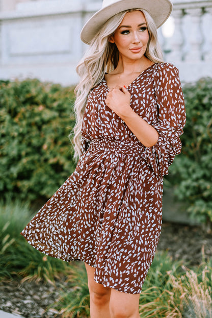 Printed Balloon Sleeve V-Neck Dress