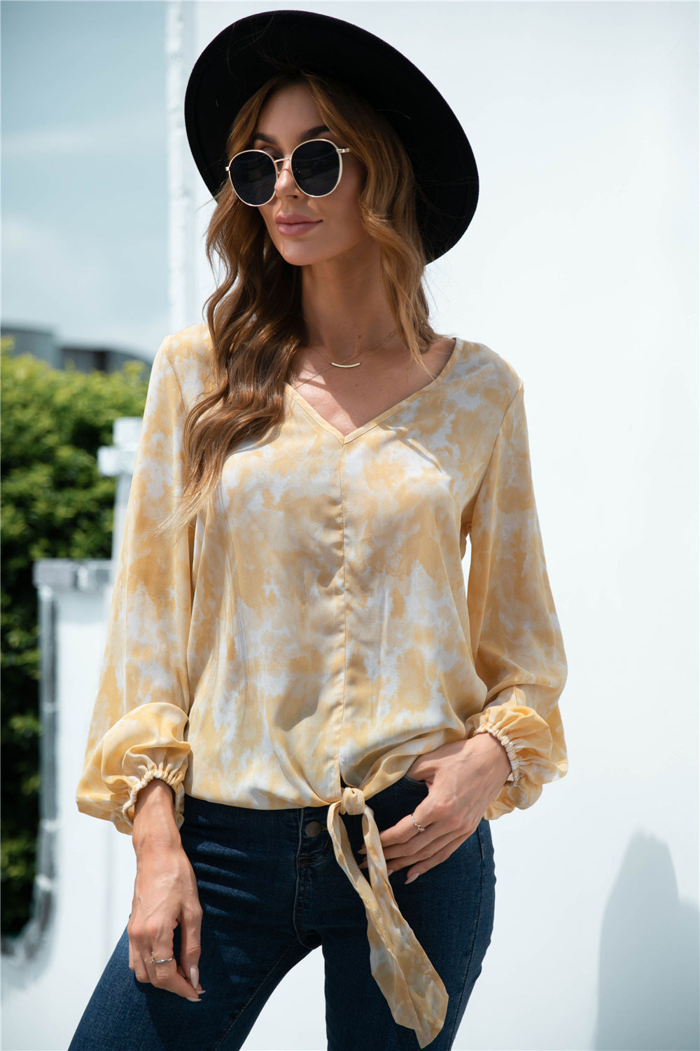 Tie-Dye Tied Balloon Sleeve Blouse