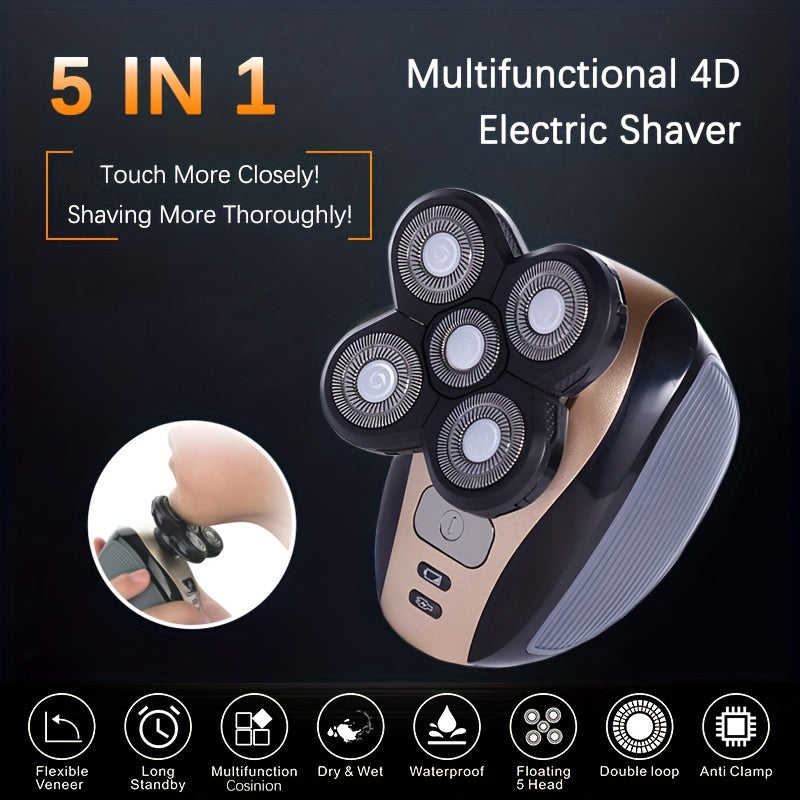 5-in-1 Electric Shaver for Men: Bald Head Polish, Hair Clipper, Trimmer, Floating 5 Blade Heads & Rechargeable Razors!