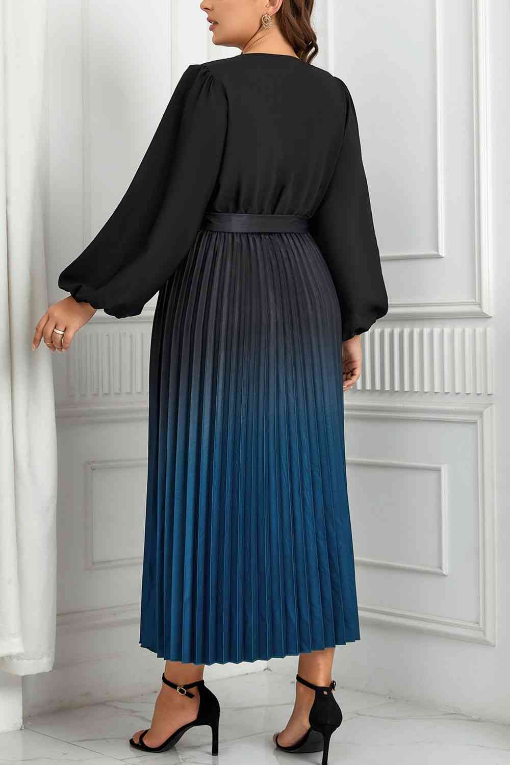 Robe Midi Plissée à Col en V et Manches Longues à Nouer à la Taille de Grande Taille