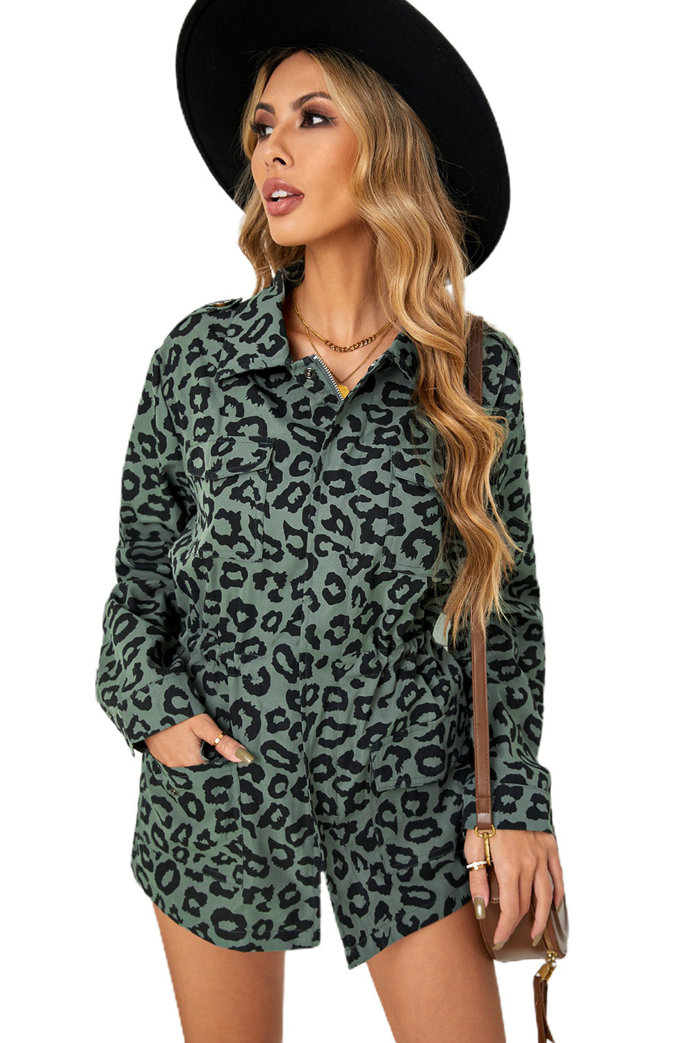 Leopard Drawstring Waist Jacket with Pockets