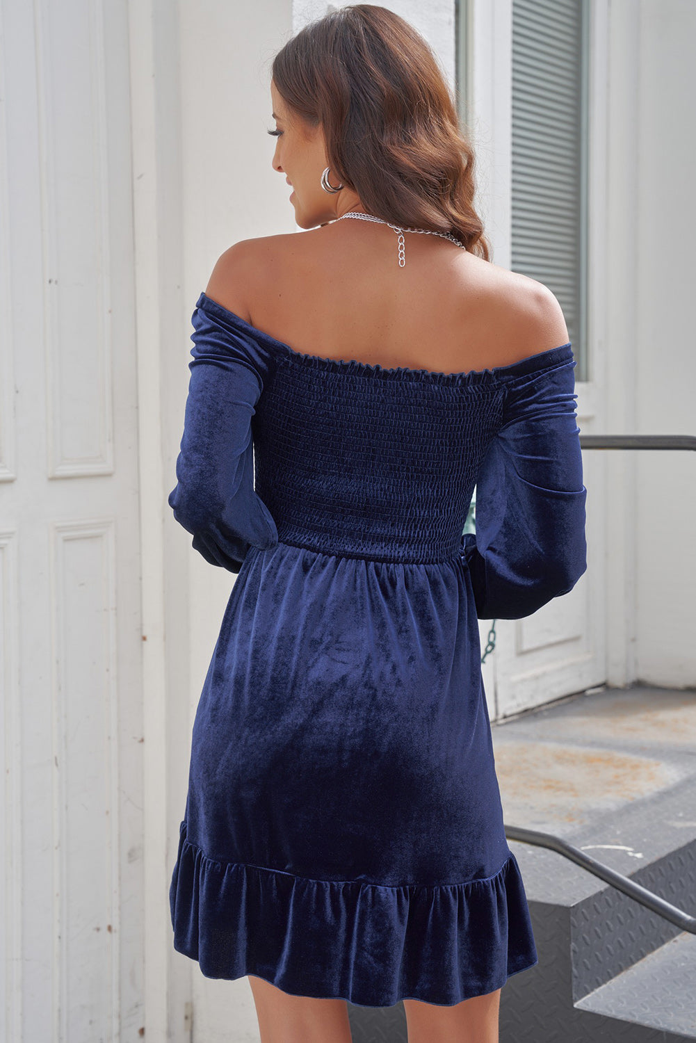 Off-Shoulder Smocked Ruffle Hem Dress