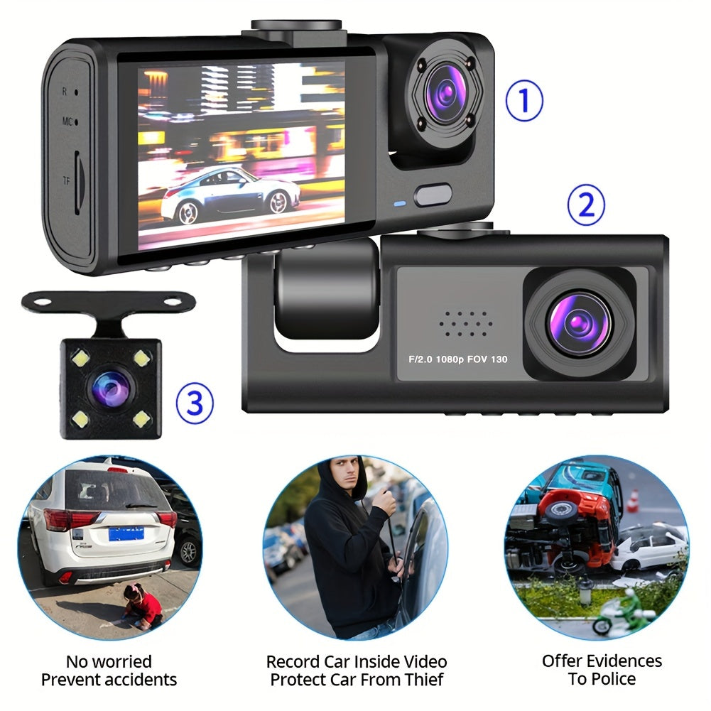 2 Inch Car Dash Cam: 1080P 3 Camera Cycle Recording Video Recorder, Inside Front Rear View Camera, Parking Monitor, Reverse Camera, Infrared Night Vision