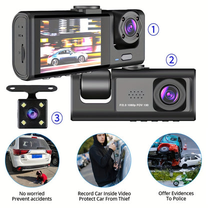 2 Inch Car Dash Cam: 1080P 3 Camera Cycle Recording Video Recorder, Inside Front Rear View Camera, Parking Monitor, Reverse Camera, Infrared Night Vision