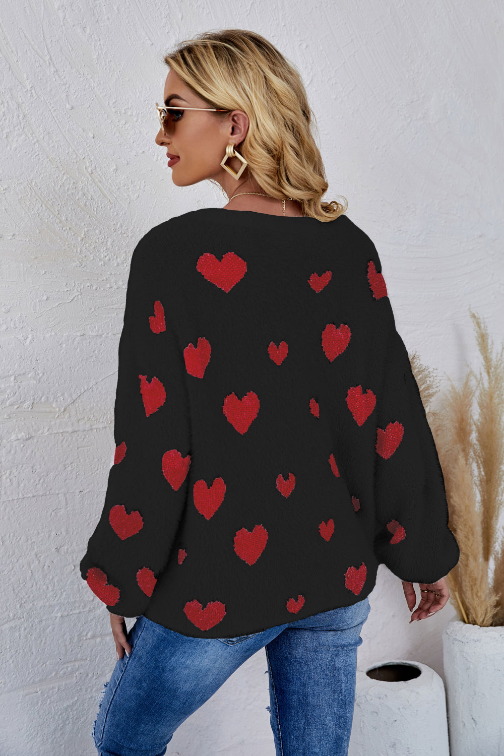 Heart Print Fuzzy Crewneck Long Sleeve Sweater