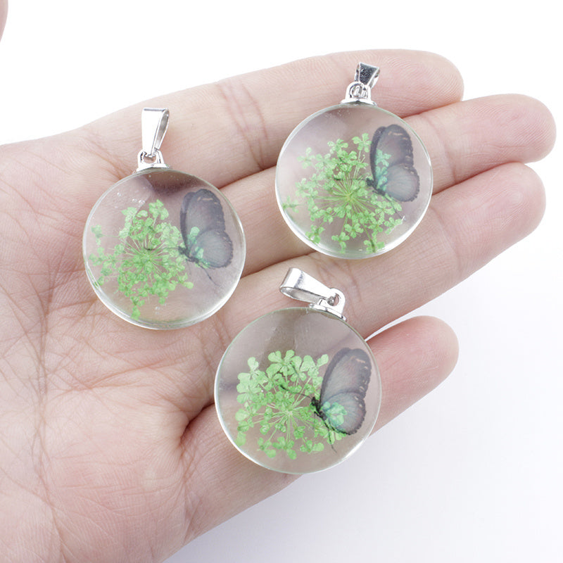 3pcs Clear Round Glass Dried Flower Pendant - Perfect for Butterfly Flower Necklace Making!