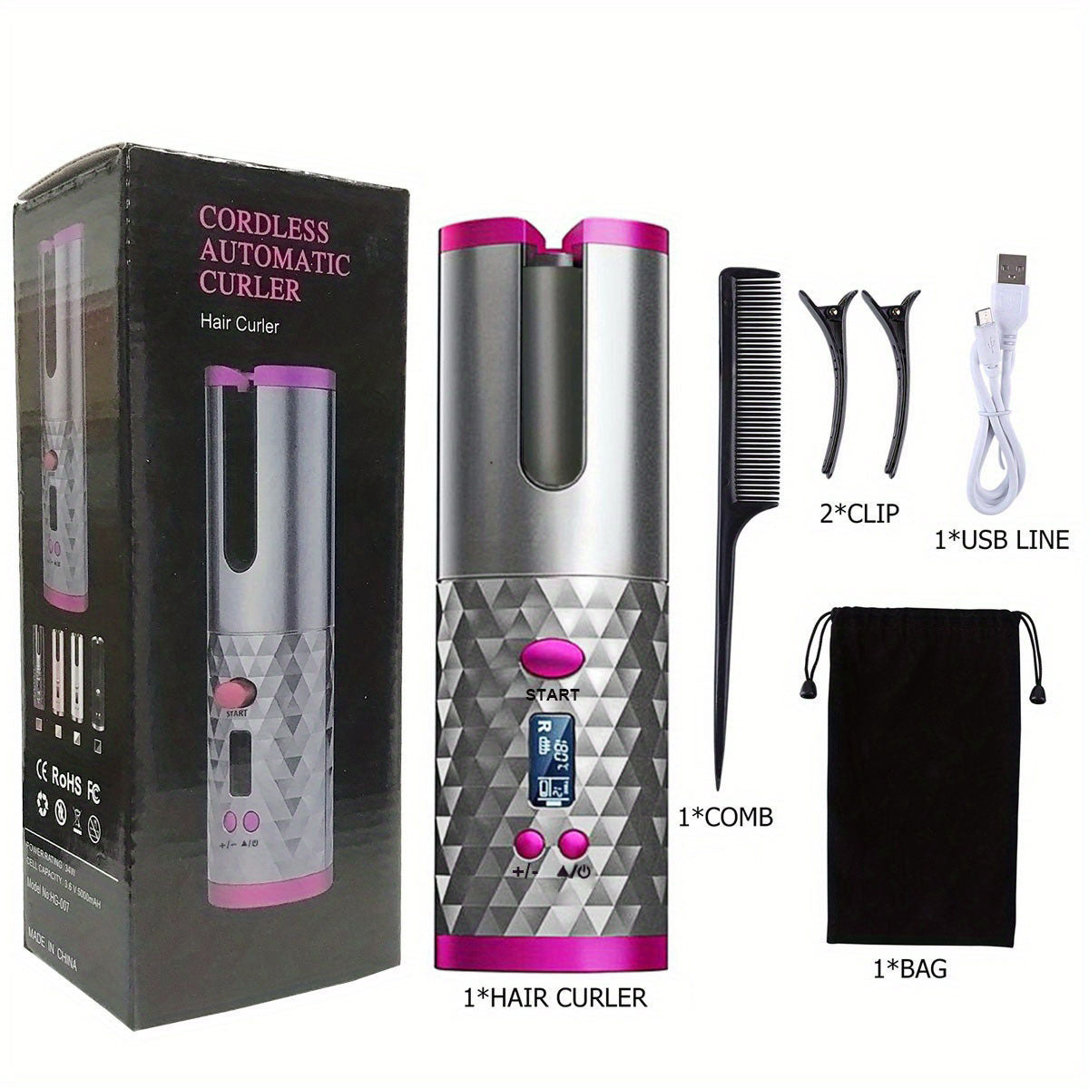 5000mAh Portable Wireless Hair Curler with LCD Screen & Diamond Pattern - Fully Automatic Charging & Curling!