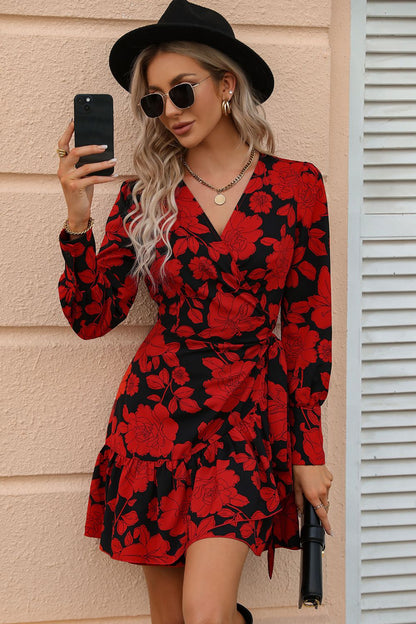 Floral Print Surplice Neck Tie Waist Dress