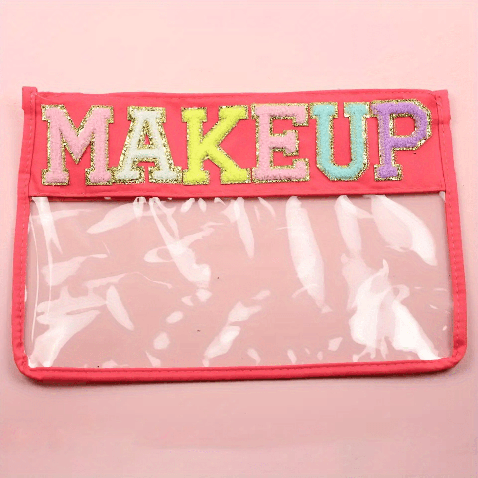 Waterproof PVC Zipper Toiletry Bag Transparent Chenille Letter Makeup Organizer Multipurpose Nylon Clear Travel Pouch Makeup Brush Bag For Women