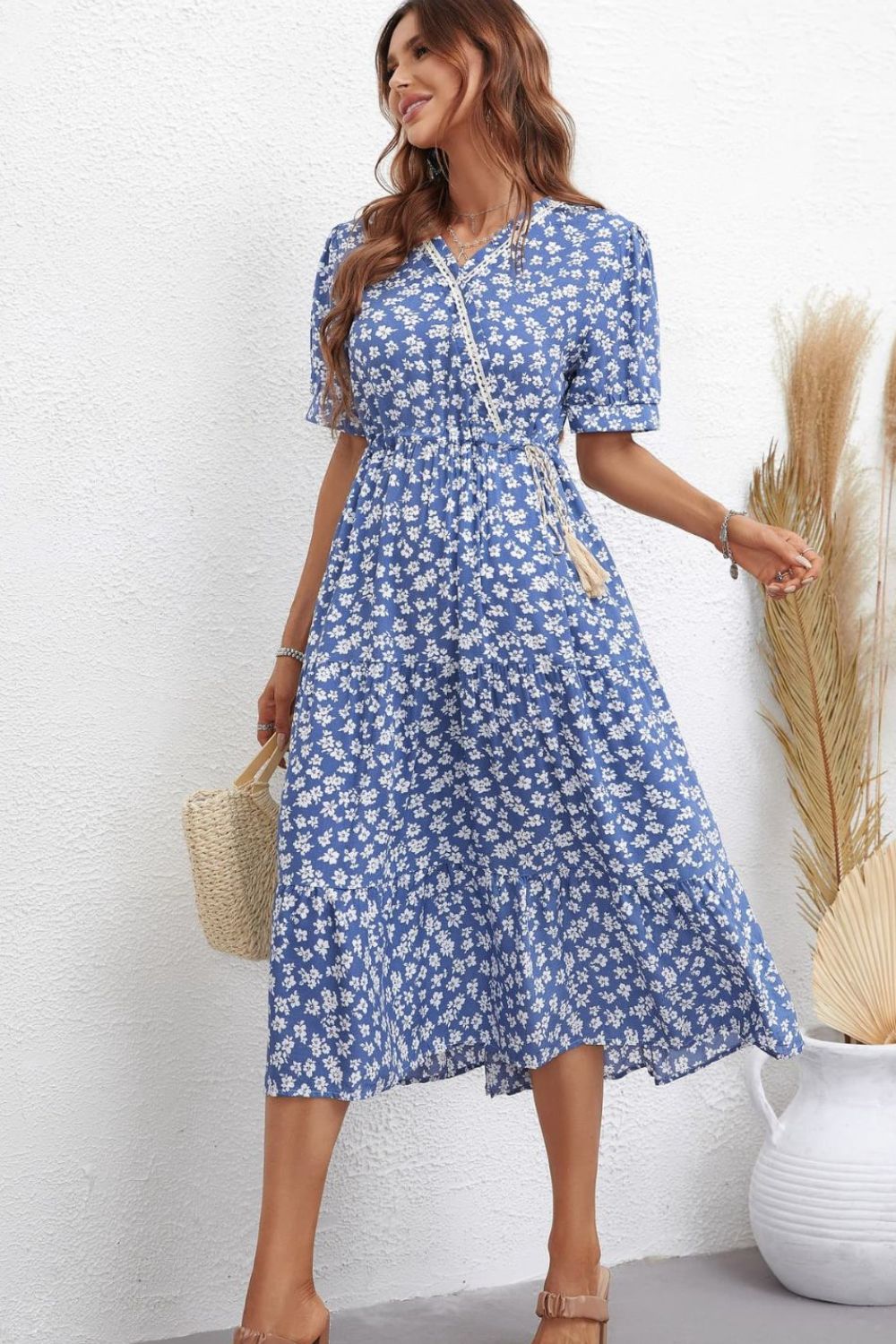 Floral Drawstring Waist Short Sleeve Midi Dress