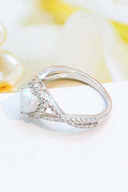 Bague croisée en argent sterling 925 avec opale et cœur