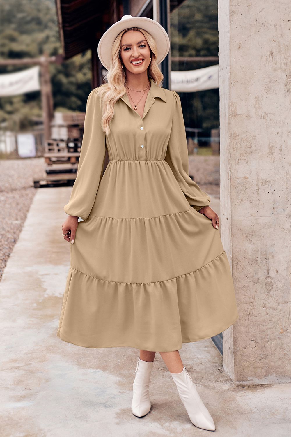 Collared Neck Long Sleeve Midi Dress