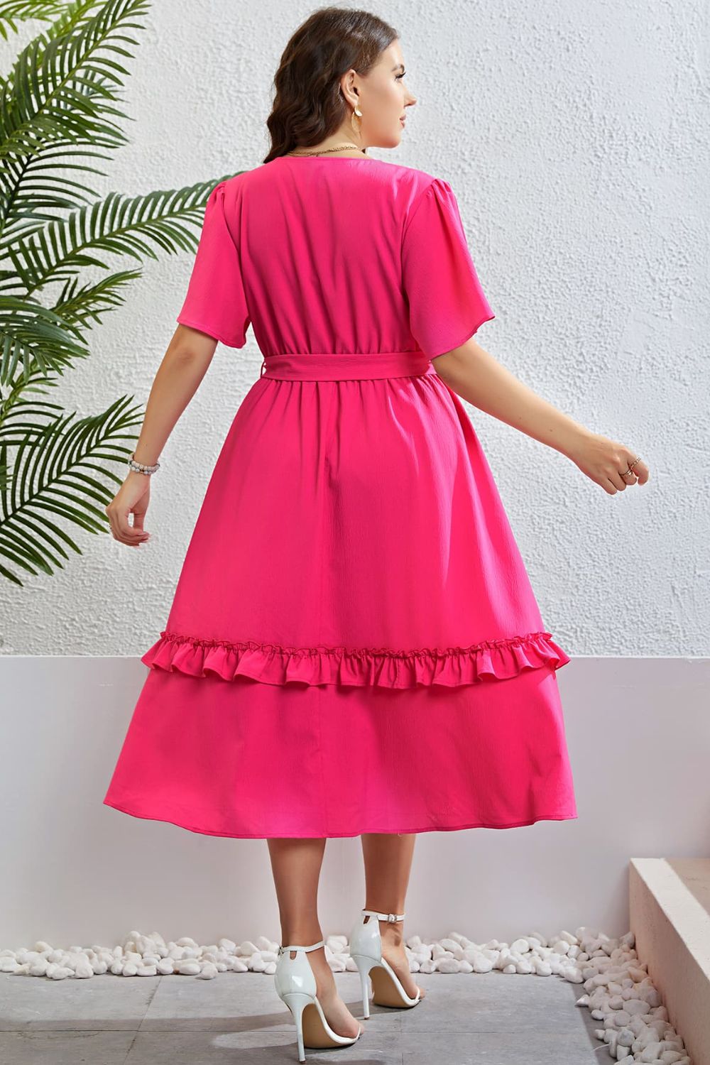 Belted Frill Trim Flutter Sleeve Dress