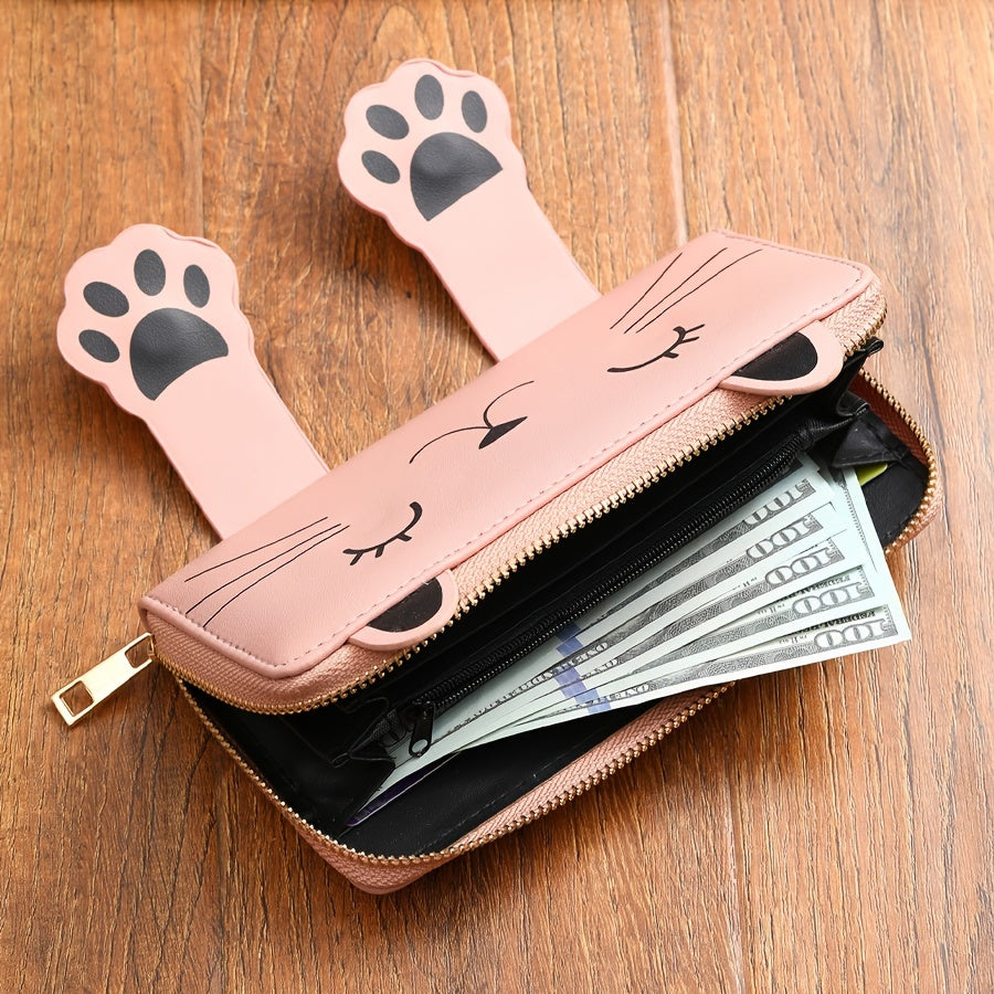 Women's Faux Leather Long Wallet with Cat Pattern - Cute & Stylish Card Slots & Zipper Pocket