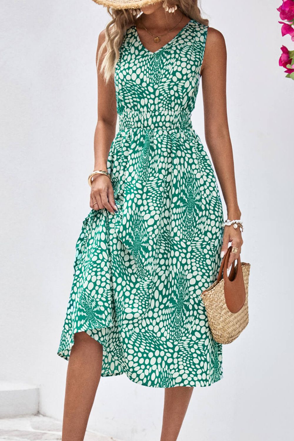 Printed V-Neck Sleeveless Dress