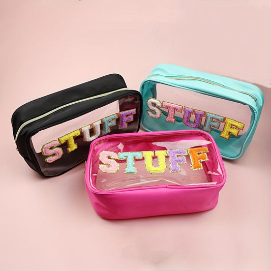 Waterproof Transparent PVC Toiletry Bag Large Capacity Zipper Makeup Bag Embroidery Letter Travel Stuff Cosmetic Bag Pouch For Lady