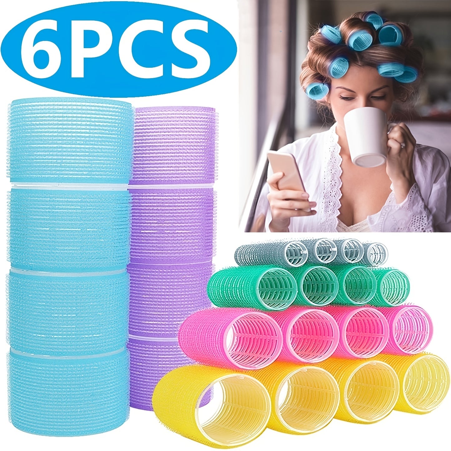 6 pcs Heatless Hair Curlers Set - Self-Grip Hair Rollers for Long, Medium, and Short Hair - Salon-Quality DIY Hair Rollers for Stylish Curls and Waves