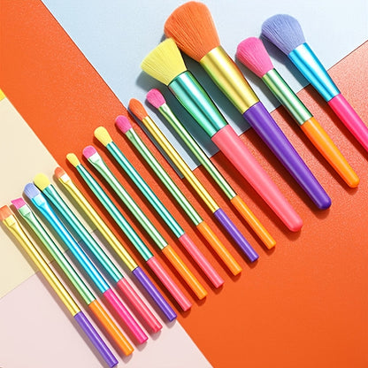 15 pcs Rainbow Color High Quality Makeup Brush Set - Perfect for Eyeshadow, Foundation, and Cosmetic Tools