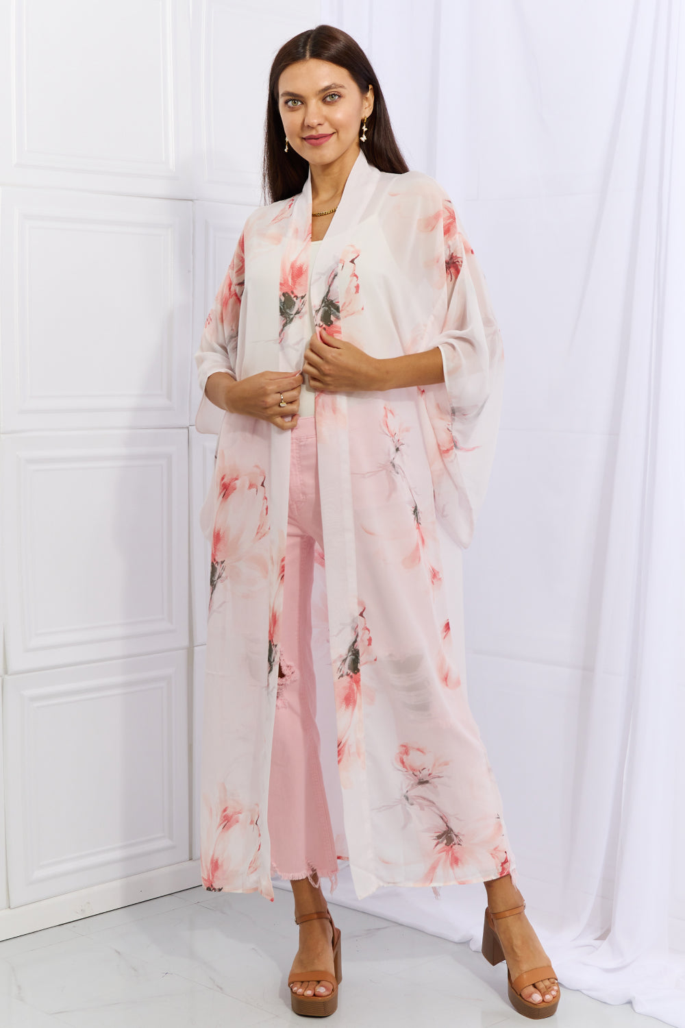 OneTheLand Pick Me Floral Chiffon Kimono Cardigan