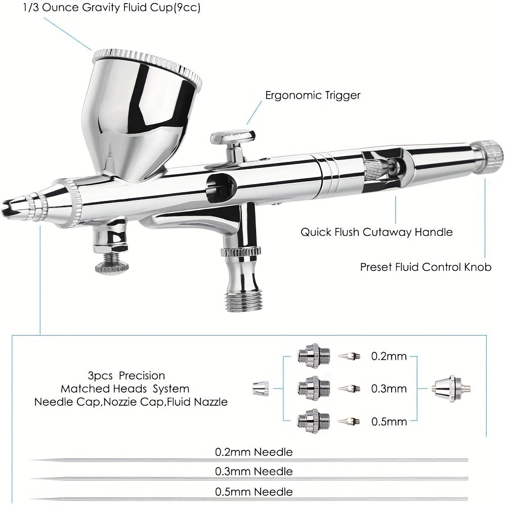 180T Professional Dual Action Gravity Multipurpose Spray Gun Kit, 0.2mm/0.3mm/0.5mm Dual Action Airbrush Kit For Airbrush Painting, Tattoo, Cake Decorating