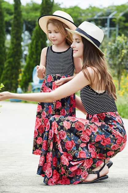 Girls Striped Floral Spliced Dress