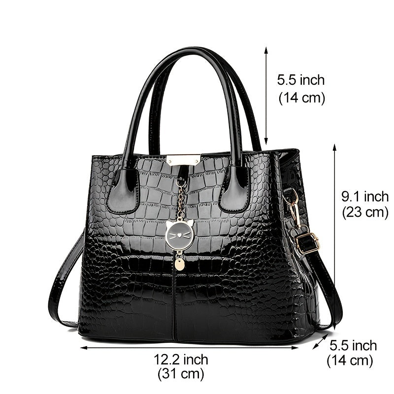 Stylish Crocodile Embossed Handbag - PU Leather Patent Shoulder Bag with Metal Decor and Double Handle for Women