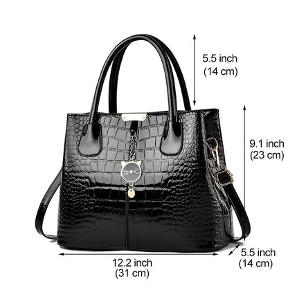 Stylish Crocodile Embossed Handbag - PU Leather Patent Shoulder Bag with Metal Decor and Double Handle for Women