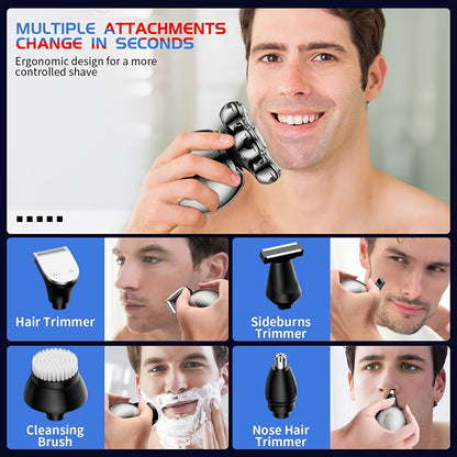 The Ultimate Grooming Kit For Bald Men: 5-in-1 Electric Head Shaver With Rotary Blades, Clippers, Nose Trimmer, Brush & Massager - Cordless & Rechargeable!