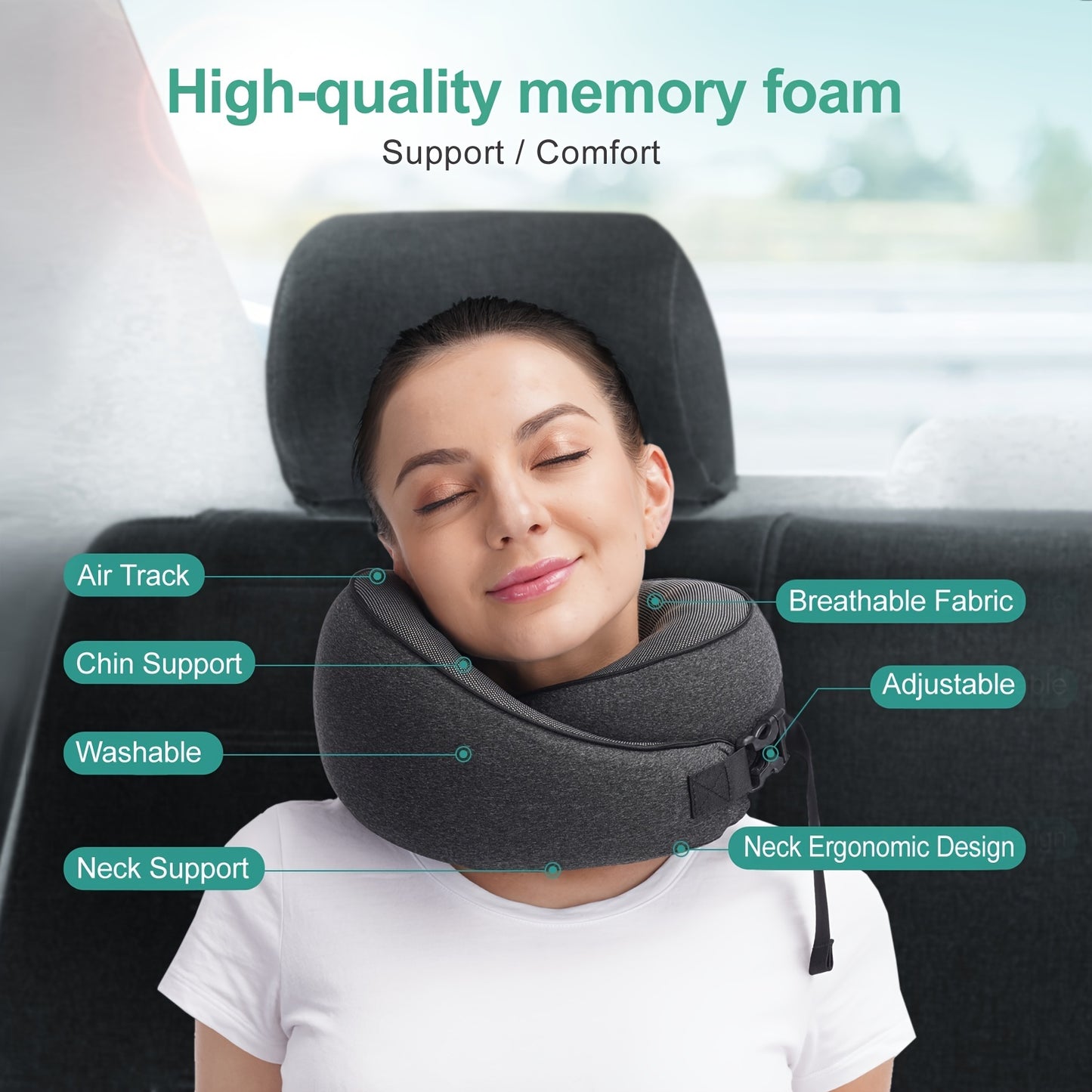 Travel in Comfort: Black Memory Foam Neck Pillow with Breathable Cover - Machine Washable!