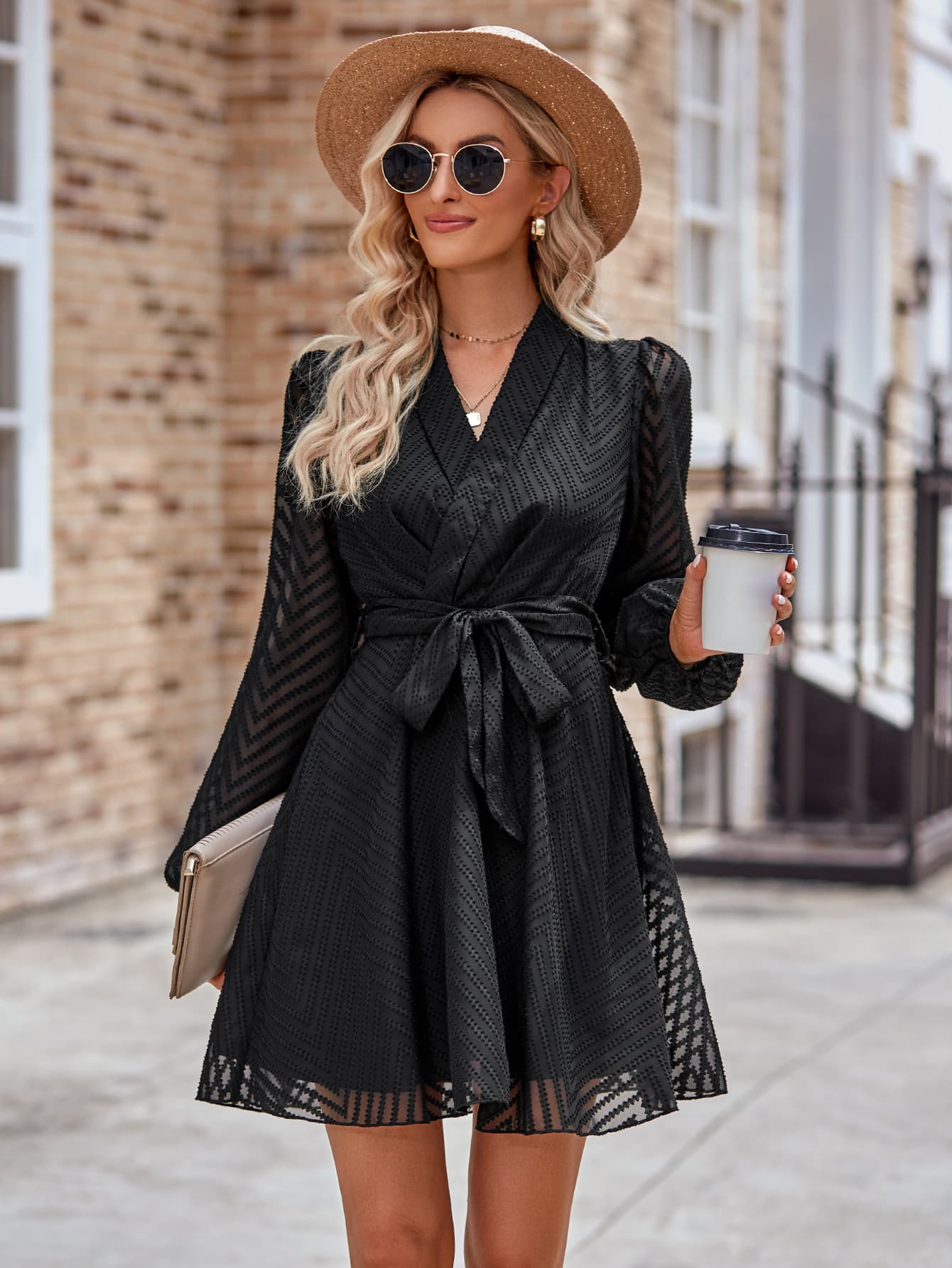 Belted Surplice Neck Long Sleeve Mini Dress