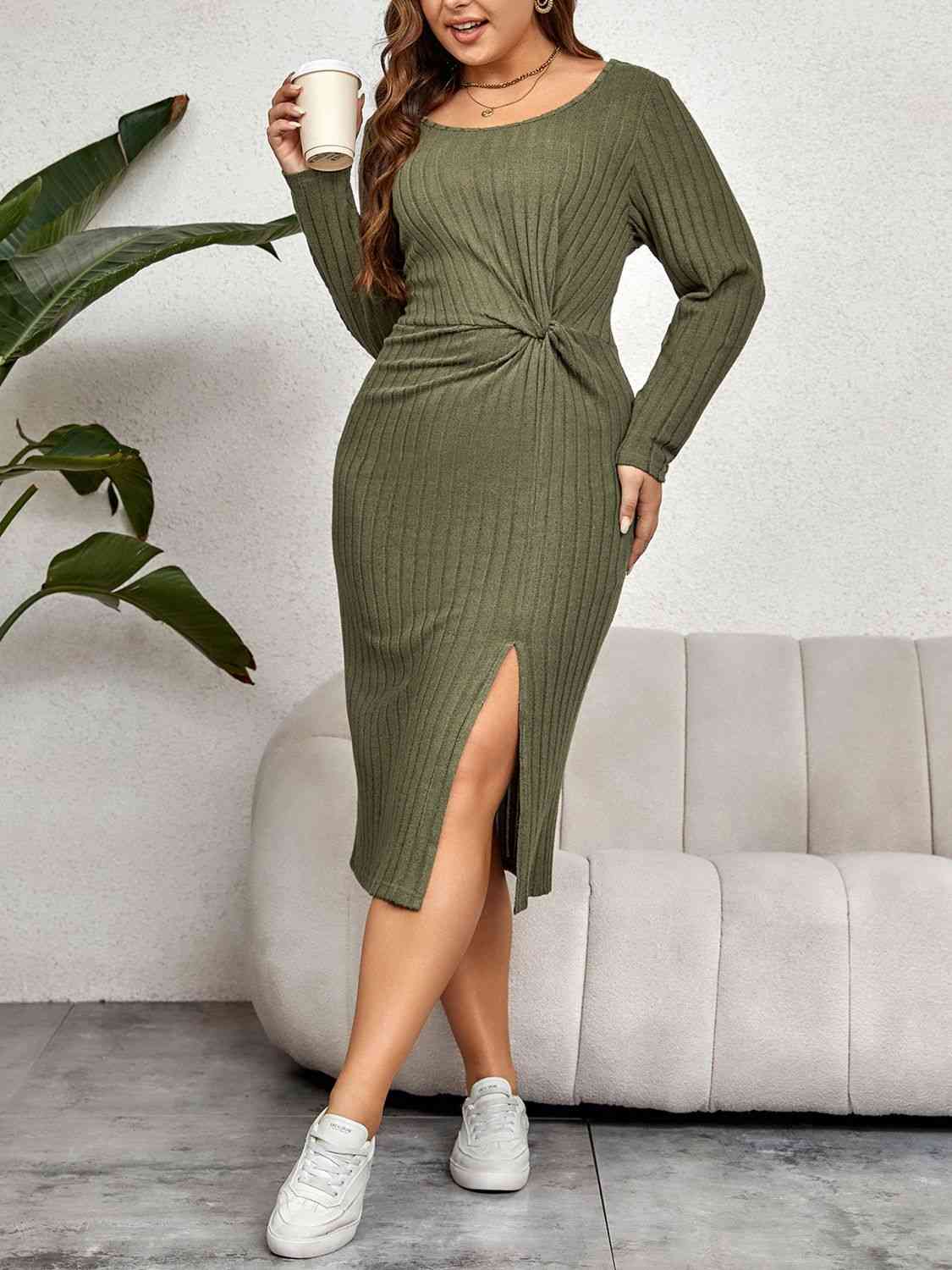 Plus Size Ribbed Round Neck Twisted Slit Midi Dress