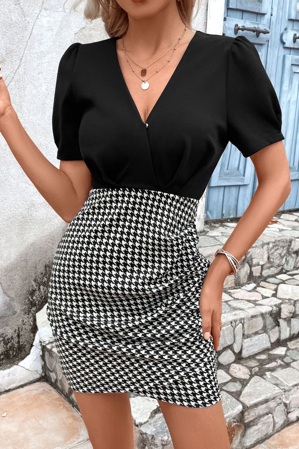 Houndstooth Surplice Neck Puff Sleeve Dress