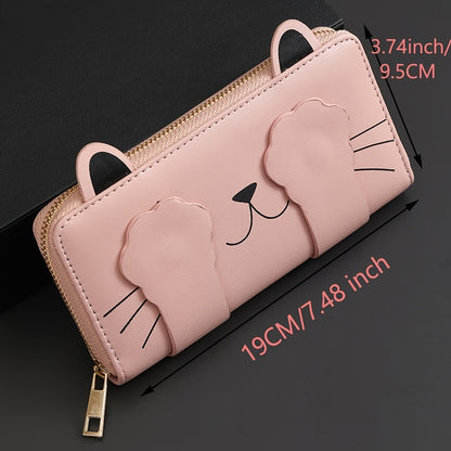 Women's Faux Leather Long Wallet with Cat Pattern - Cute & Stylish Card Slots & Zipper Pocket