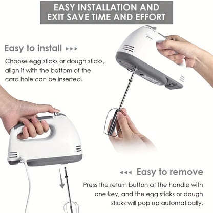 7-Speed Electric Hand Mixer - 110V, 50/60Hz - Includes 2 Dough Hooks, 2 Beaters & Whisk - Perfect for Baking & Cooking - White