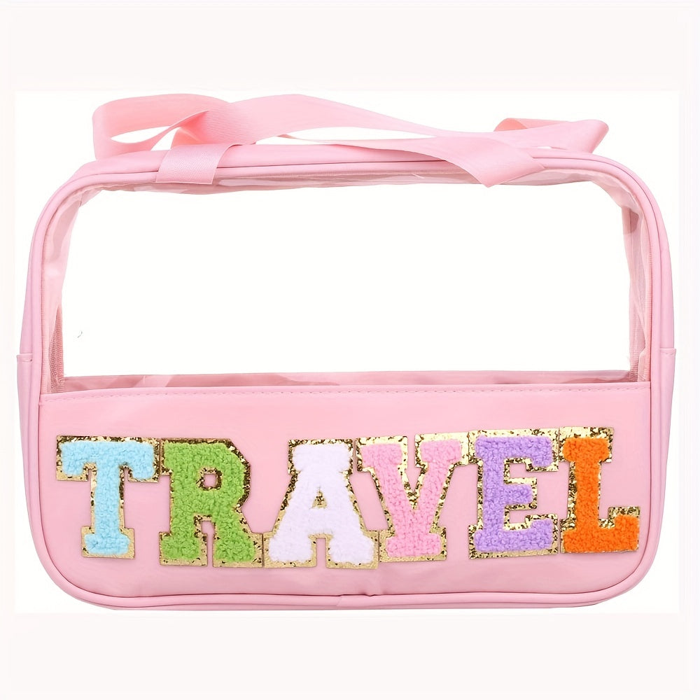 Trousse de maquillage transparente à motif de lettres avec poignée, légère, portable, imperméable, essentiels de voyage, sac à cosmétiques de grande capacité, pochette à fermeture éclair 