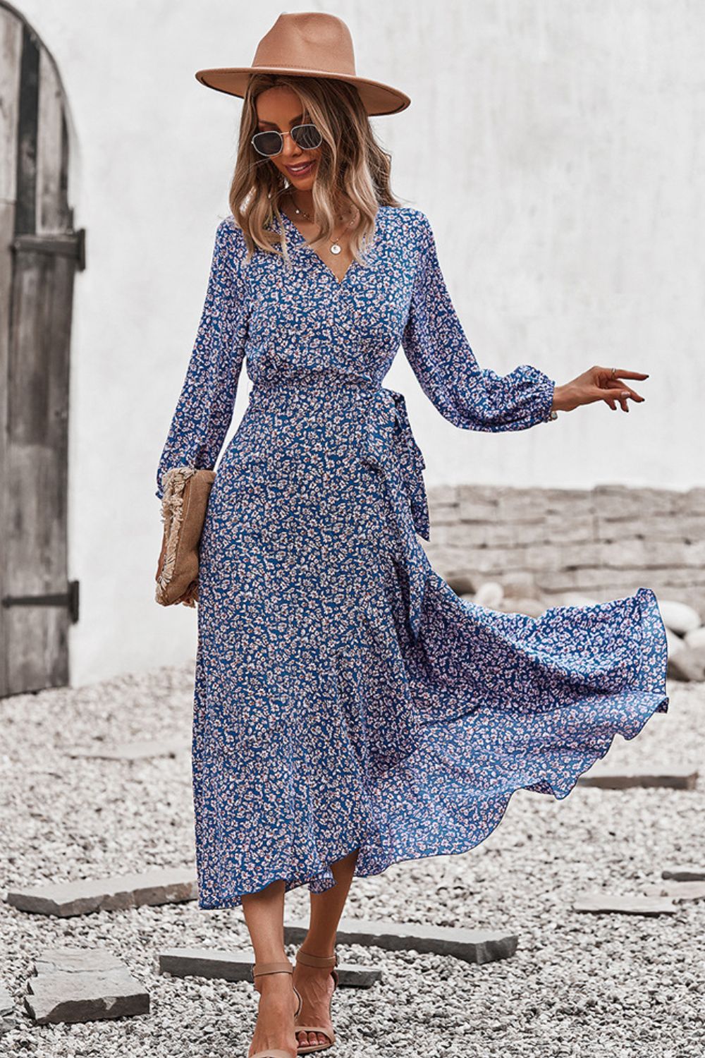 Floral Surplice Neck Long Sleeve Dress