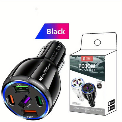 75W Fast Charging 5-in-1 Car Charger: 3USB+2PD, Dual Line, One Drag, Mobile Phone Charger