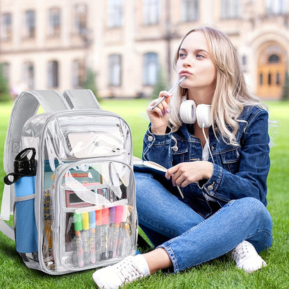 Student Clear Backpack, Large Heavy Duty PVC Transparent Backpack, See Through With Reinforced Straps Backpack Clear Bookbag For School, Sports, Work, Travel, College,Grey Black Pink Purple