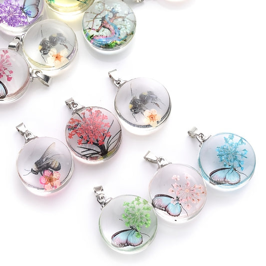 3pcs Clear Round Glass Dried Flower Pendant - Perfect for Butterfly Flower Necklace Making!