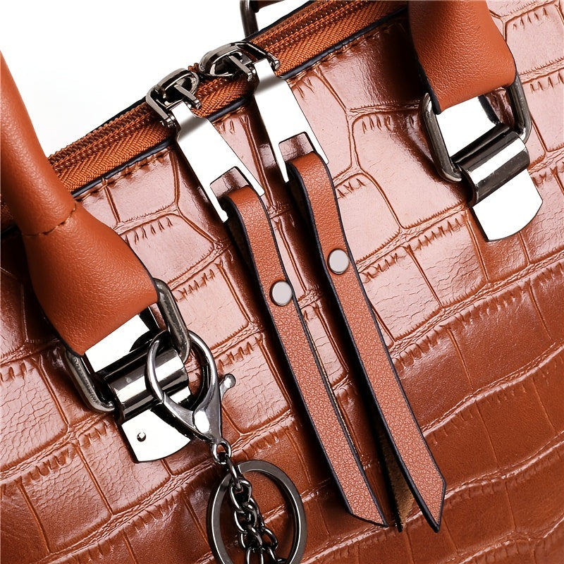 4-Piece Croc-Embossed Handbag Set: Tassel-Decorated Shoulder Bag, Wristlet Purse & Card Holder