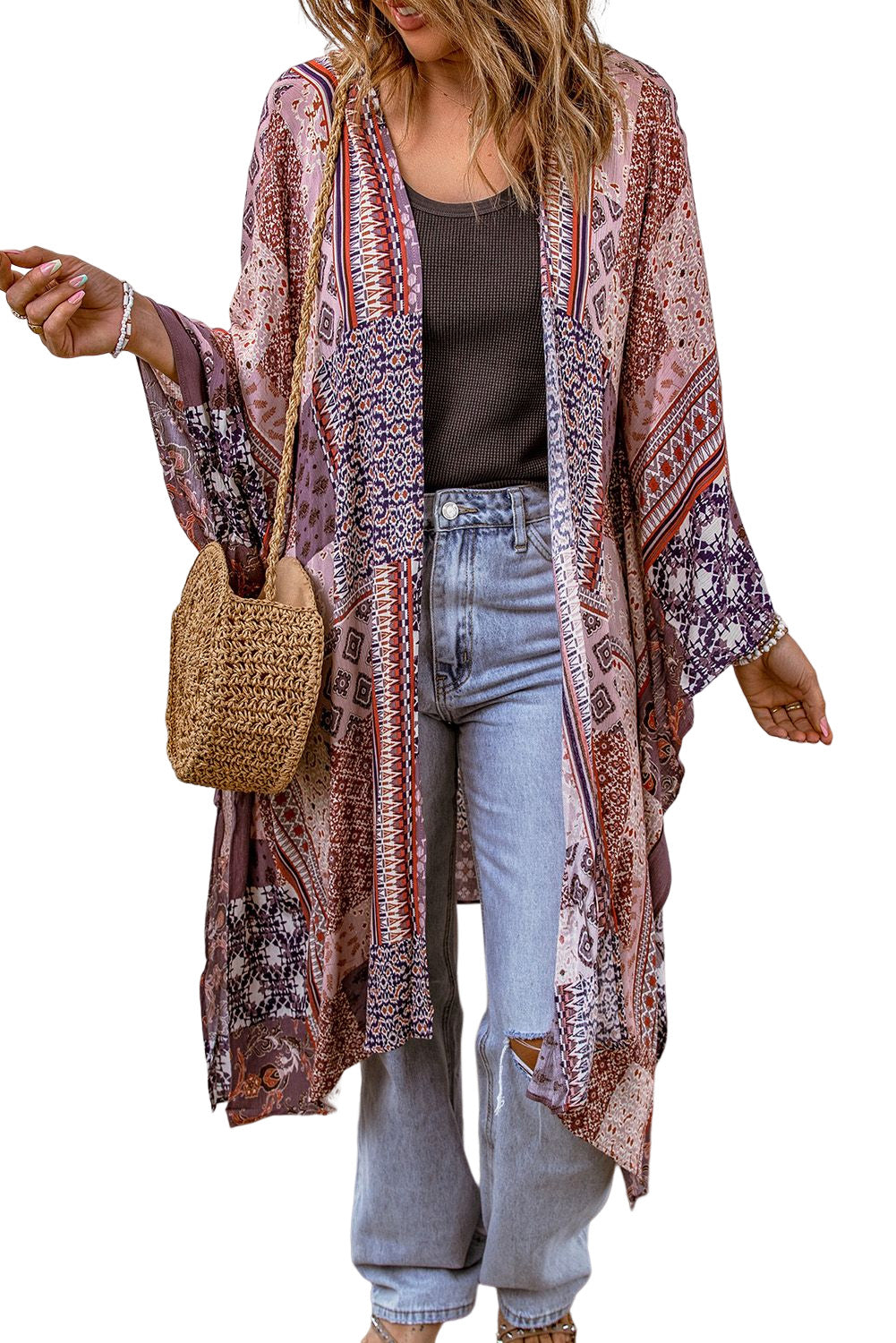 Patchwork Open Front Duster Cardigan