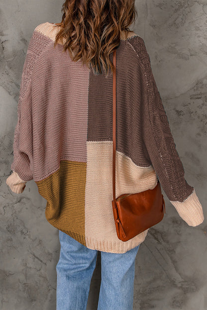 Color Block Cable-Knit Batwing Sleeve Cardigan