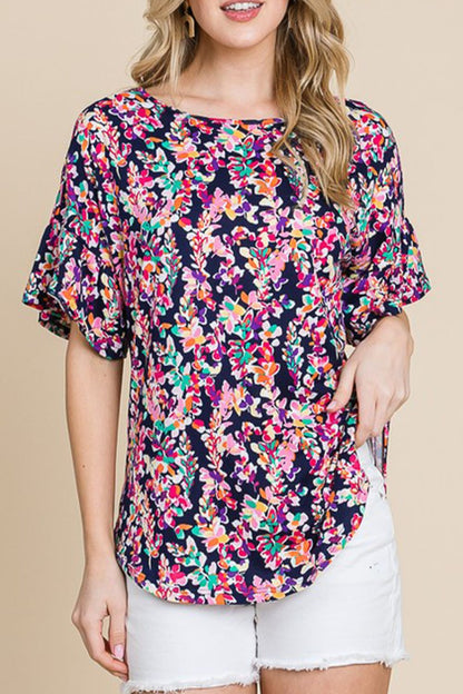 Printed Boat Neck Curved Hem Top