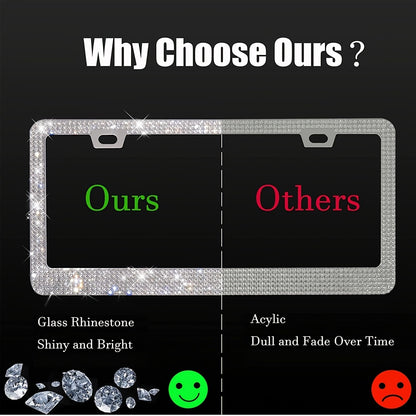 1 pc Sparkling Rhinestone License Plate Frames for Women - Glass and Metal Car Tag Holders with Bling Screws and Caps