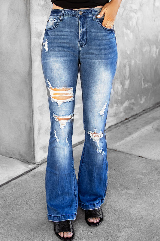 Distressed Flare Leg Jeans with Pockets