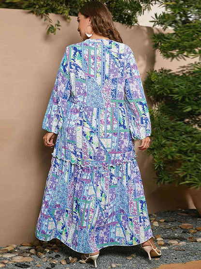 Robe Maxi Imprimée à Manches Longues de Grande Taille