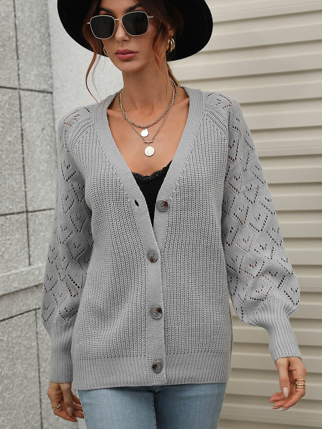 Cardigan en tricot côtelé à manches raglan plongeantes