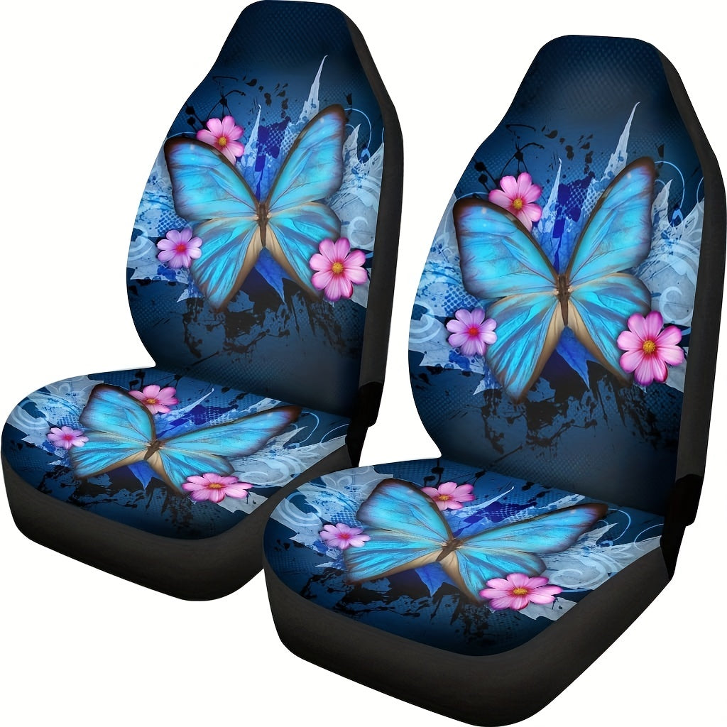 2pcs Trendy Car Seat Covers Ble Butterfly Print High Back Seat Cover Ultra-Soft Universal Car Accessories