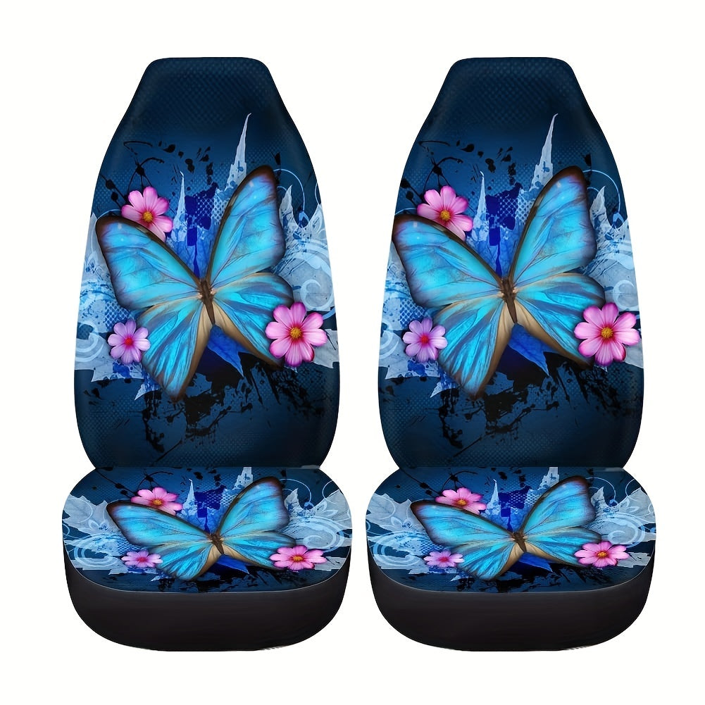 2pcs Trendy Car Seat Covers Ble Butterfly Print High Back Seat Cover Ultra-Soft Universal Car Accessories