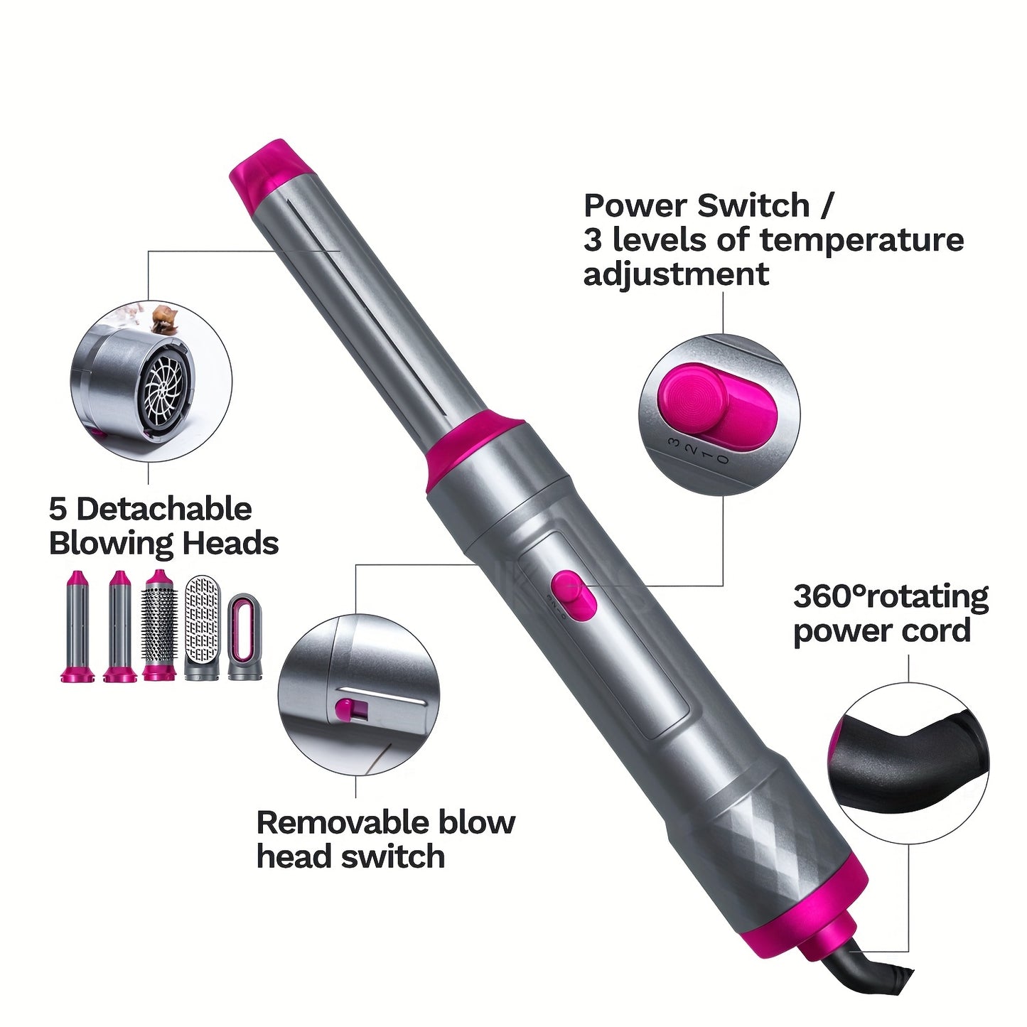 6-in-1 Hot Air Brush Set with Negative Ion Technology for Volumizing, Straightening, and Curling - Perfect for Women and Girls